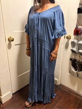 Free People Blue Dream On Boho Peasant Maxi Dress Size XS